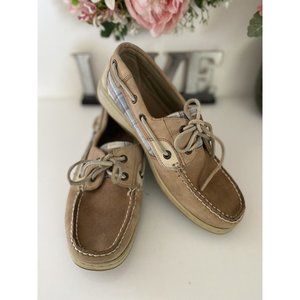 Sperry Top Siders Boat Shoes Women's Size 7.5 Tan Beige Leather Fabric 61428 EUC